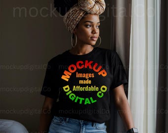 Bella Canvas Tshirt Mockup Black 3001 Shirt Mockup African American Woman Trendy Headwrap Aesthetic Boho Black Model T-shirt Digital Mockup