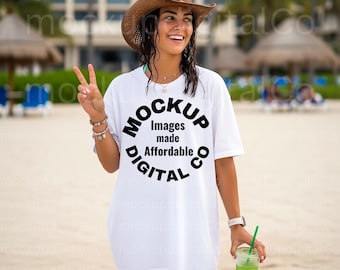 Bella Canvas 3001 White TShirt Mockup, BC Shirt 3001 Mockup, Cowgirl Lifestyle Summer Beach White Tee, Oversized TShirt Mock-up, Trendy Mock