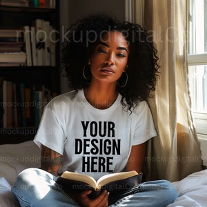 Black Model Mockup, White Bella Canvas Tshirt Mockup, African American Woman, Oversized Tshirt Mockup, Black Girl, Books Aesthetic Lifestyle