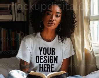 Black Model Mockup, White Bella Canvas Tshirt Mockup, African American Woman, Oversized Tshirt Mockup, Black Girl, Books Aesthetic Lifestyle