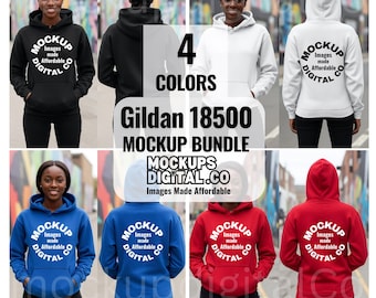 Gildan 18500 Hoodie Mockup Bundle | Black White Red Sport Grey | Hooded Sweatshirt Mockups | G185 Hoodie Mockup, Black Model, Gildan Bundle