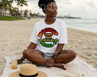 Bella canvas wit T-shirt 3001 mockup, BC 3001 wit T-shirt mock-up, zwart model, oversized T-shirt, mockup strand zomer vrouw levensstijl