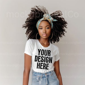 Gildan 64000 White Tshirt Mockup, Black Model Mockup, African American Woman, Gildan Lifestyle 64000, Black Girl Studio T-shirt Mockup