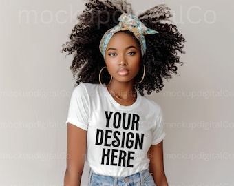 Gildan 64000 White Tshirt Mockup, Black Model Mockup, African American Woman, Gildan Lifestyle 64000, Black Girl Studio T-shirt Mockup