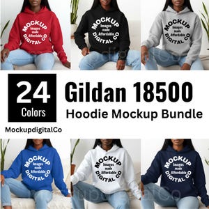 May include: A mockup bundle featuring six different colored Gildan 18500 hoodies. The hoodies are red, black, gray, blue, white, and navy. Each hoodie has a white circular logo that says "MOCKUP Images made Affordable DIGITAL CO". The image also includes the text "24 Colors Hoodie Mockup Bundle".