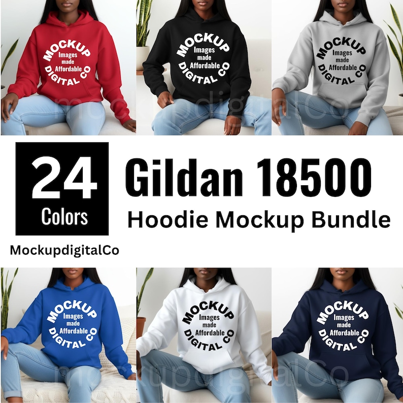 May include: A mockup bundle featuring six different colored Gildan 18500 hoodies. The hoodies are red, black, gray, blue, white, and navy. Each hoodie has a white circular logo that says "MOCKUP Images made Affordable DIGITAL CO". The image also includes the text "24 Colors Hoodie Mockup Bundle".