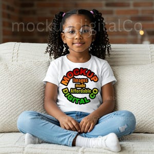 キッズベラキャンバス3001TホワイトTシャツモックアップ • 黒人少女モックアップ • アフリカ系アメリカ人 • 子供モデルモックアップ • シンプルで美しいTシャツモックアップ