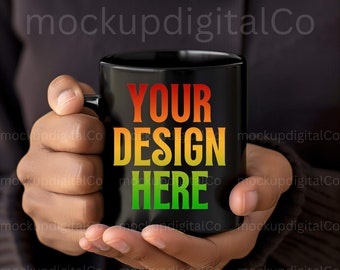 Mug Mockup 11 oz. Ceramic Mug Mockup Black Coffee Mug Stock Photo Styled Black Model Mockup Woman Holding Mug Black Girl African American