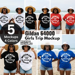 Gildan 64000 ブラックTシャツ モックアップ 2人の女性の友達のモックアップ 女子旅行のモックアップ グループTシャツ モックアップ アフリカ系アメリカ人のビーチの独身パーティーのモックアップ