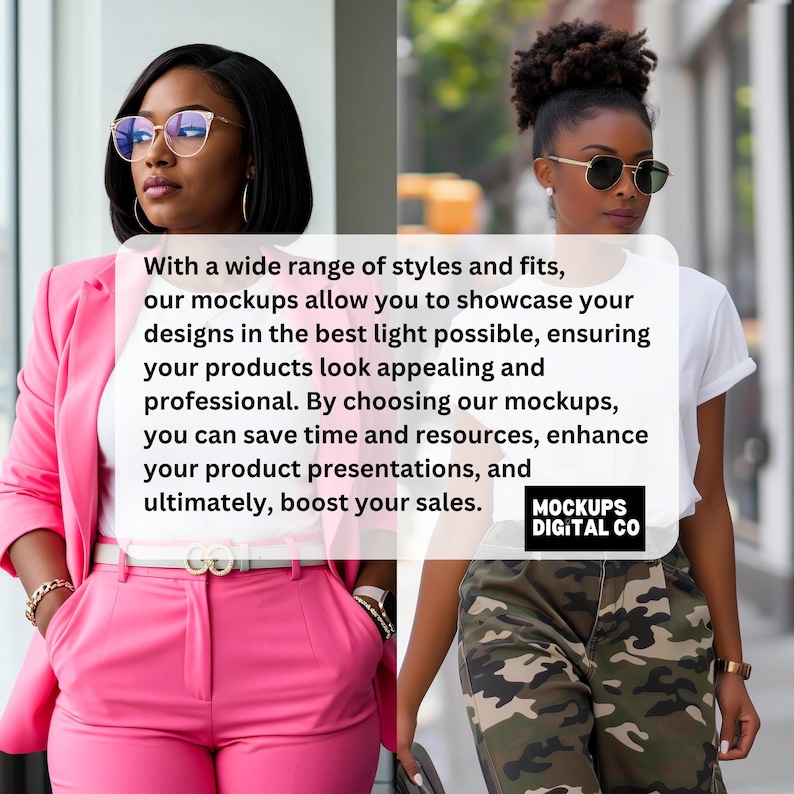 May include: Two women in fashionable outfits, one in a pink suit and the other in a white top and camouflage trousers. The image includes text promoting mockups for product presentations, enhancing sales. The text also includes the company name.