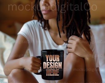 Mug Mockup 11 oz. Ceramic Mug Mockup Black Model Mockup Stock Photo Styled African American Black Girl Woman Holding Mug
