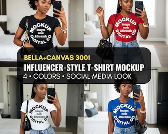 Bella Canvas 3001 TShirt Mockup Bundle, 4 Shirt Colors, African American Women, Social Media Styled Black Model Influencer, T-shirt Mockups