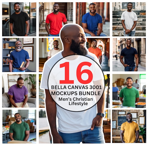 Black Model Mockup, Bella Canvas 3001 Christian Tshirt Mockup Bundle, Black Men Mockups, African American Mens Christian Lifestyle Mockup
