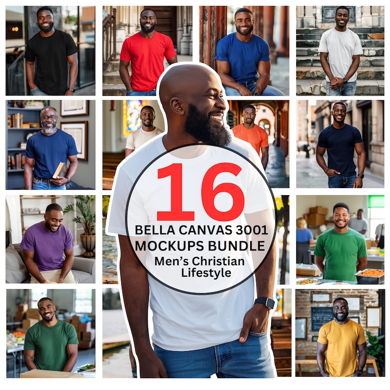 Może przedstawiać: Kolaż 16 zdjęć przedstawiających mężczyzn w r&oacute;żnych t-shirtach w r&oacute;żnych sceneriach. W centrum obrazu widnieje tekst "BELLA CANVAS 3001 MOCKUPS BUNDLE Men's Christian Lifestyle".