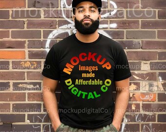 Mockup di maglietta nera Bella Canvas 3001, mockup di maglietta nera BC 3001, mockup di modello nero, mockup di maglietta nera stile streetwear urbano