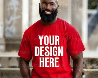Gildan 64000 Red Tshirt Mockup, Black Model Mockup, African American Man, Gildan Lifestyle 64000, Urban Black Male T-shirt Digital Mockup