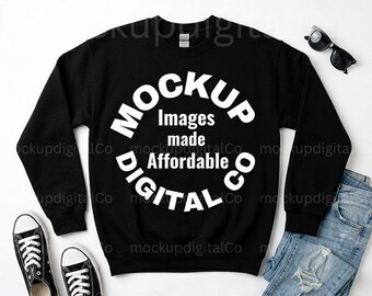 Gildan 18000 Black Mockup, Black Crewneck Sweatshirt Mockup, G18000 Flat Lay Mockup, Aesthetic Minimalist Sweater Mockup, Digital Download
