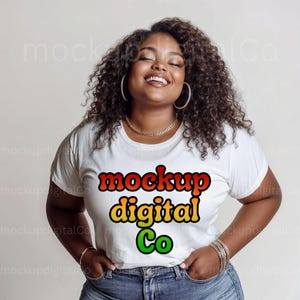 Gildan 64000 White tshirt Mockup, Black Women tshirt Mockup, Black model Mockup, 64000 T-shirt Mock up, Black Women Plus Size Studio Model