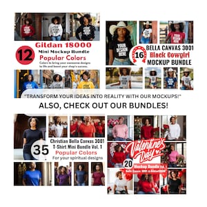 May include: A collage of images showcasing different mockup bundles for t-shirts. The bundles include Gildan 18000, Bella Canvas 3001, and Christian Bella Canvas 3001. The text "TRANSFORM YOUR IDEAS INTO REALITY WITH OUR MOCKUPS!" and "ALSO, CHECK OUT OUR BUNDLES!" is displayed on the image.
