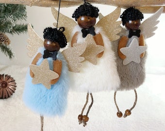 BOY Angel, Brown-Skinned Angel, Black Hair Angel, Hanging Figurine, Christmas Angel, Christmas Tree Ornaments, Christmas Gift Tags