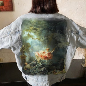 The Happy Accidents of the Swing - Romantic Rococo Style Painting by Jean-Honoré Fragonard | Hand painted custom denim jacket | Romance Jean