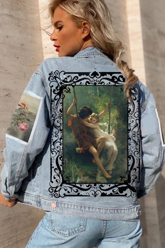 Custom hand painted denim jacket | Painting The Kiss by Francesco Ayets |  With Art | Personalized design | Hands | Renaissance Spring Pierre