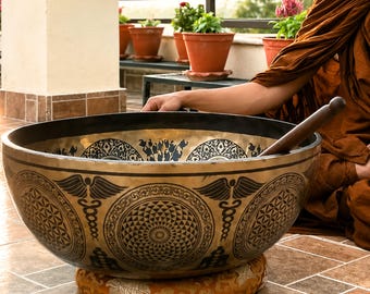 Handmade Tibetan Singing Bowl, Buddha Feet Chakra Engraved, Nepal Meditation Sound Bath