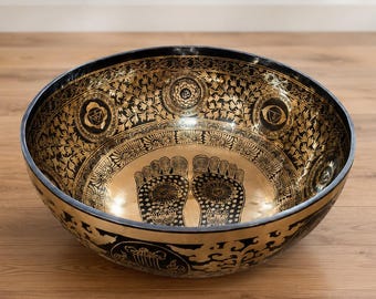 Hand-Hammered Tibetan Singing Bowl – Carved Buddha Feet, Chakra Design (12"-26")