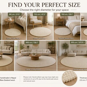 K&ouml;nnte beinhalten: Eine Infografik mit dem Titel FIND YOUR PERFECT SIZE zeigt runde, cremefarbene Wollteppiche in verschiedenen Innenr&auml;umen. Die Abbildung zeigt Durchmesser von 40 cm bis 350 cm sowie eine Nahaufnahme, die eine Dicke von 2,5 cm verdeutlicht.