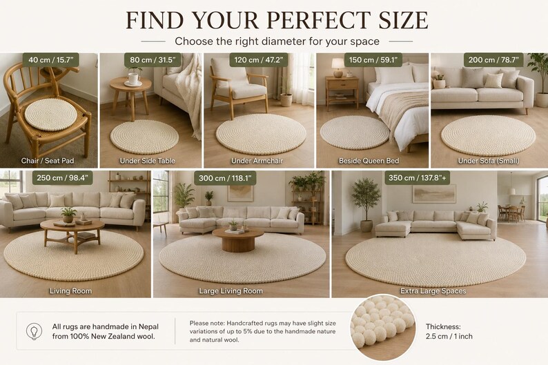 K&ouml;nnte beinhalten: Eine Infografik mit dem Titel FIND YOUR PERFECT SIZE zeigt runde, cremefarbene Wollteppiche in verschiedenen Innenr&auml;umen. Die Abbildung zeigt Durchmesser von 40 cm bis 350 cm sowie eine Nahaufnahme, die eine Dicke von 2,5 cm verdeutlicht.