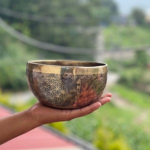 8 inch Flower of Life Singing Bowl Handmade- Tibetan Singing Bowl for Meditation,Healing,Sound Bath-Yoga and Relaxation