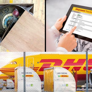 May include: A yellow and red DHL cargo plane is parked at the airport. The plane is surrounded by yellow and white cargo containers. The containers have the DHL logo and the text "AAX 1328 DHL" printed on them. The plane is behind a chain link fence.