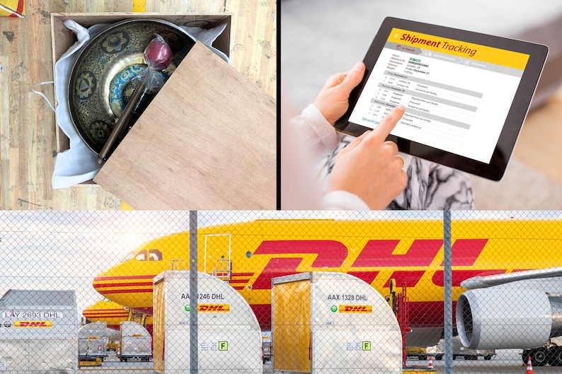 May include: A yellow and red DHL cargo plane is parked at the airport. The plane is surrounded by yellow and white cargo containers. The containers have the DHL logo and the text "AAX 1328 DHL" printed on them. The plane is behind a chain link fence.