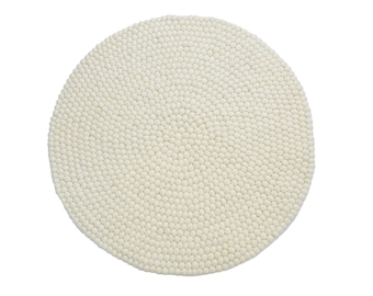 Handmade Pearl White Felt Ball Rug: Round Wool Nursery Rug