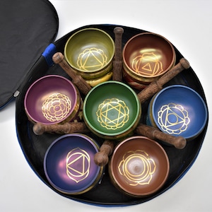 Set Of Palm Size Seven Color Tibetan Singing Bowl From Nepal, Tibetan Singing Bowl Chakra color set for Meditation and Sound Healing
