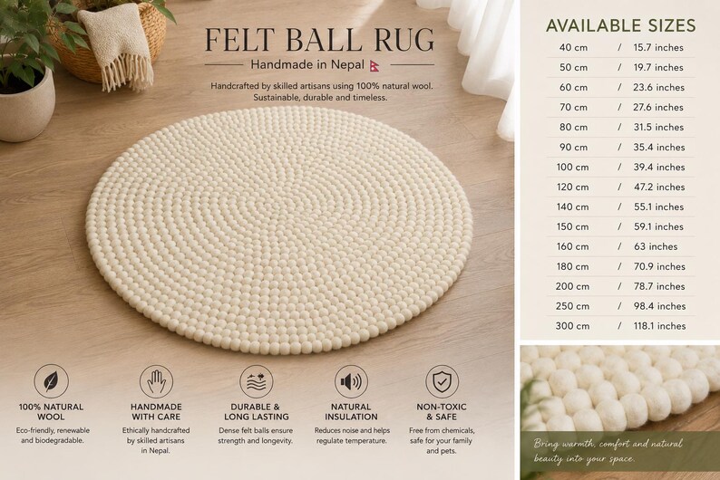 K&ouml;nnte beinhalten: Ein runder, cremewei&szlig;er Filzkugel-Teppich aus 100 % nat&uuml;rlicher Wolle. Der Teppich besteht aus einem dichten, kreisf&ouml;rmigen Muster einzelner gefilzter Kugeln. Eine Tabelle f&uuml;hrt die verf&uuml;gbaren Gr&ouml;&szlig;en von 40 cm bis 300 cm Durchmesser auf.