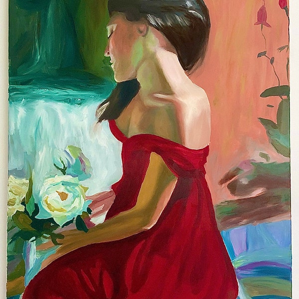 Ölgemälde | Frau im roten Kleid | Wandbild | Leinwandbild | 80 X 60 CM | Painting | Selfmade | abstrakt