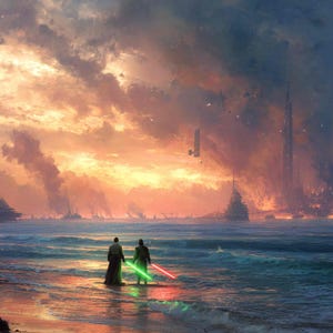 May include: Digital art depicting two figures with lightsabers standing on a beach, facing a fiery sunset. The scene includes futuristic ships, buildings, and a dramatic sky, evoking a science fiction theme.