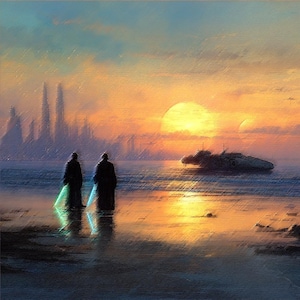 Op de afbeelding: Een digitale schildering van een sciencefiction scène. Twee figuren staan op een strand, met groene en blauwe lichtzwaarden, kijkend naar een zonsondergang. Een ruimteschip en een silhouet van een stad zijn zichtbaar in de verte, met een warm kleurenpalet.