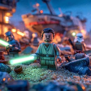 May include: A Lego figure of a Star Wars character with a green lightsaber, set against a backdrop of other Lego figures and a spaceship. The scene is on a sandy surface with rocks and a blurred background.