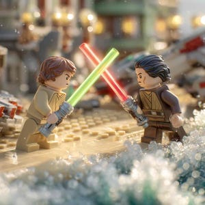 Peut inclure: Deux figurines Lego s'affrontent avec des sabres laser lumineux, un vert et un rouge. La scène se déroule sur une plage de sable avec de l'eau et des structures Lego en arrière-plan. Les figurines sont en position de combat.