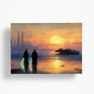 May include: A canvas print depicting a science fiction scene. Two figures in dark cloaks stand on a beach, holding glowing green lightsabers. A large sun sets over the water, with a spaceship and distant city silhouettes.