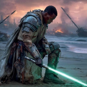 May include: A person kneels on a beach, holding a glowing green lightsaber. They wear armor and a cloak, with a futuristic city and burning structures in the background. The scene evokes a science fiction or fantasy theme.