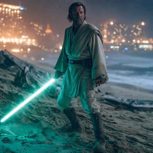 May include: A person in a light-colored robe stands on a sandy beach at night, holding a glowing green lightsaber. The scene is set against a backdrop of a dark ocean and city lights, evoking a science fiction theme.