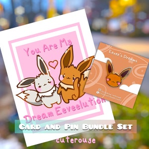 ¡Paquete de tarjeta y pin de aniversario de conejito! Tarjeta de amor para el día del aniversario, Eeveelution, pin inspirado en Pokémon, juego de palabras nerd, juego de palabras de amor, día de San Valentín