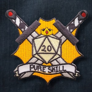 Nat 20 Patch, Pure Skill, Dungeons and Dragons, DnD, D&D inspired iron-on patch, pathfinder, d20, embroidered patch