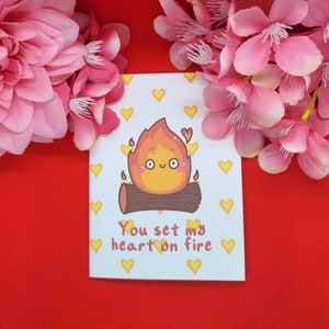 Carte d'anniversaire de film d'anime, jeu de mots, carte d'amour pour le jour d'anniversaire, château émouvant mignon, jeu de mots sur le feu, carte-cadeau de jeu de mots d'amour, carte de Saint-Valentin