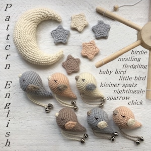 Solo patrón, Móvil para bebé con pájaro en tonos pastel, Decoración de guardería escandinava, Móvil de cuna de crochet, Regalo para niña y niño, Pájaro en PDF, Estrella digital