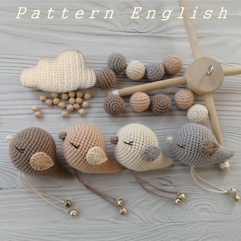 Pattern only, Pastel bird baby mobile, Scandinavian nursery decor, Crochet cribe mobile, Gift baby girl and boy, Bird PDF, Digital ball zdjęcie 1