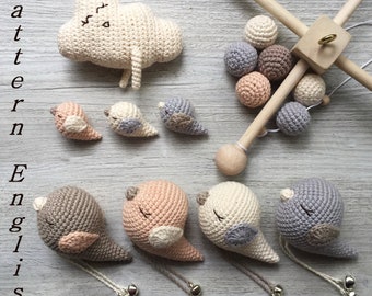 Pattern only, Pastel bird baby mobile, Scandinavian nursery decor, Crochet cribe mobile, Mini nestling, Birdie PDF, Nightingale nest, Chick